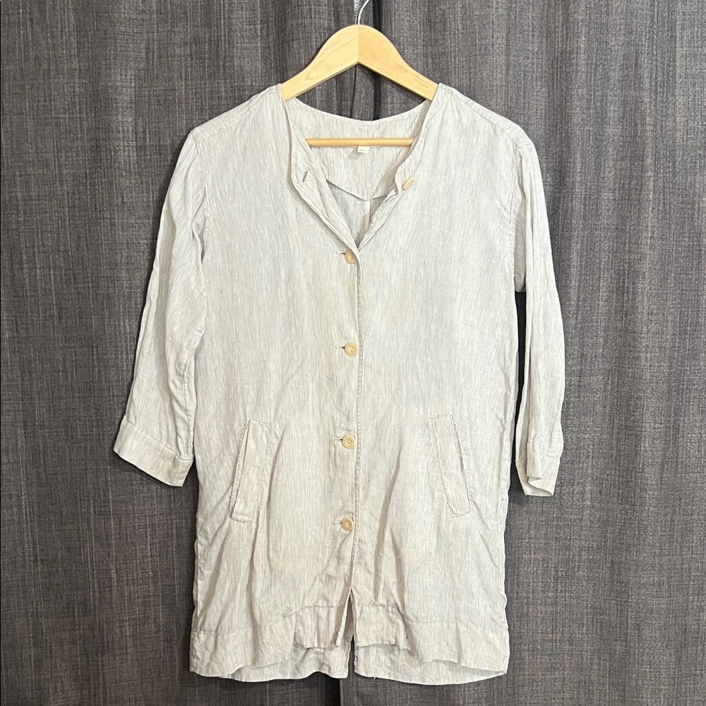 Eileen fisher linen black and white striped button down lightweight jacket